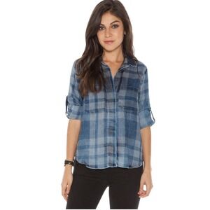Cloth & Stone XS Blue Plaid Distress Button Women Roll Tab Shirt Western Preppy